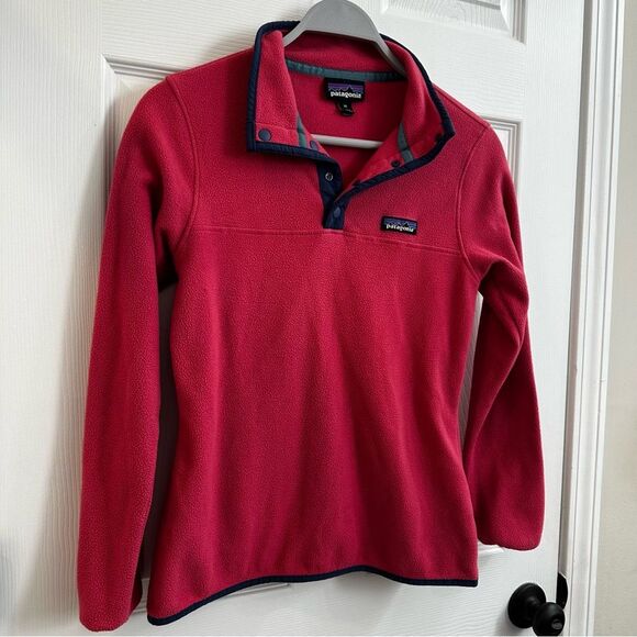 Patagonia Synchilla Snap Button Pullover Pink Fleece Navy Trim Womens Xsmall - Picture 3 of 8